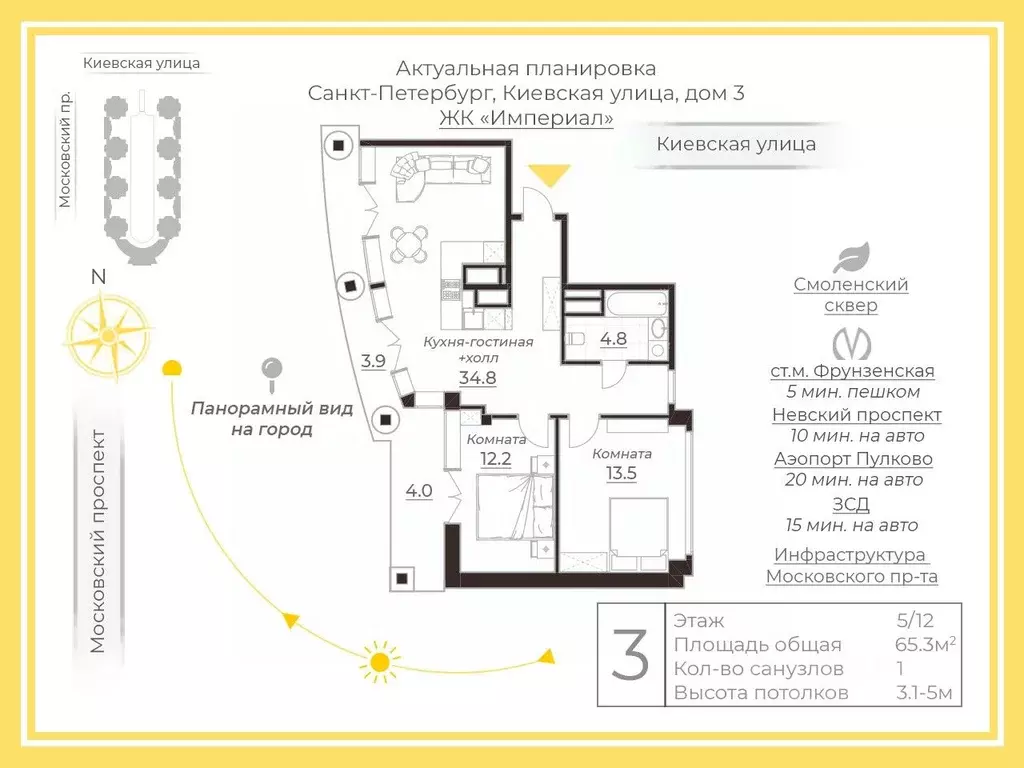 2-к кв. Санкт-Петербург Киевская ул., 3 (65.3 м) - Фото 2
