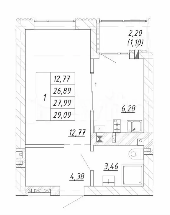 1-к. квартира, 28 м, 3/4 эт. - Фото 1