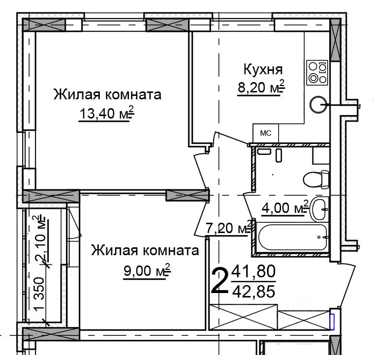 2-к кв. Нижегородская область, Нижний Новгород 52-й кв-л,  (42.85 м) - Фото 0