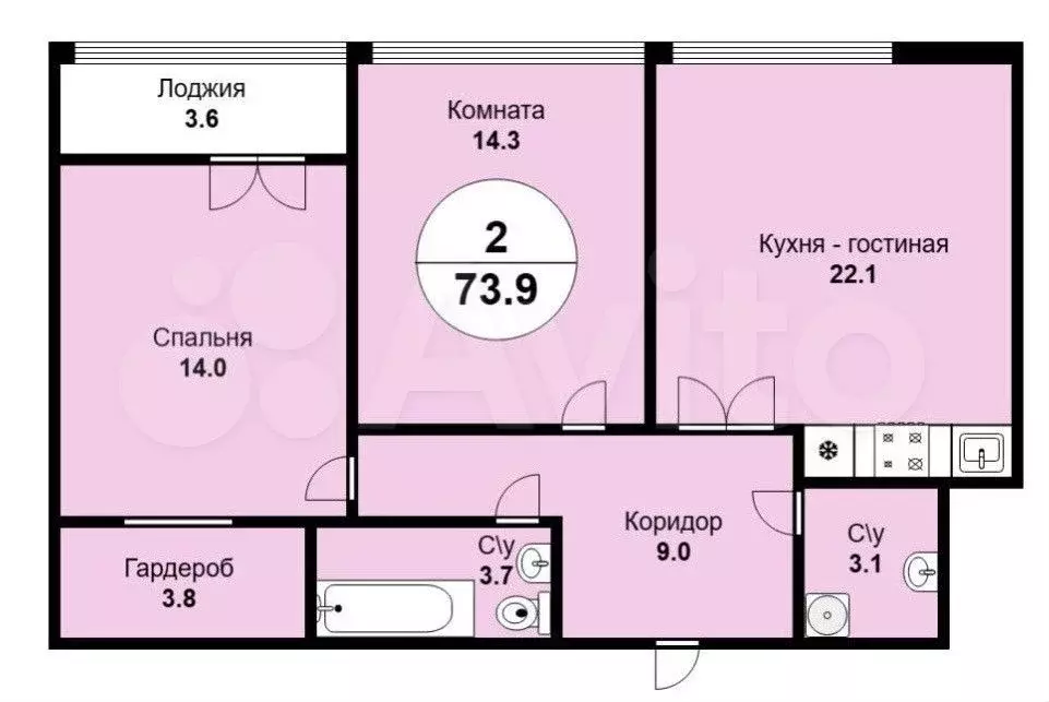 2-к. квартира, 73,9 м, 15/25 эт. - Фото 0