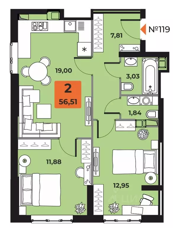2-к кв. Самарская область, Самара просп. Карла Маркса, 231 (56.51 м) - Фото 1