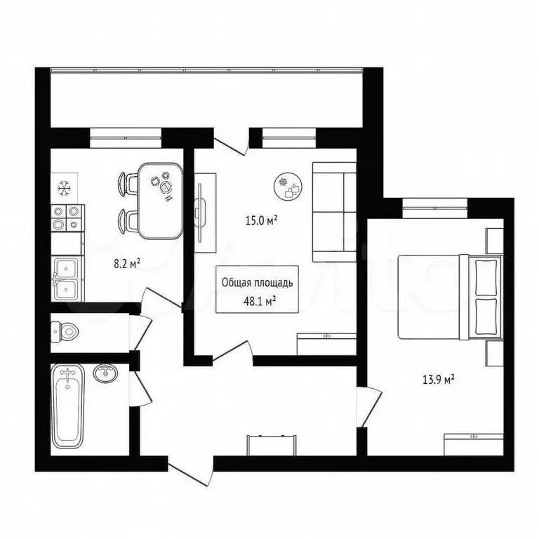 2-к. квартира, 48,1 м, 9/9 эт. - Фото 0