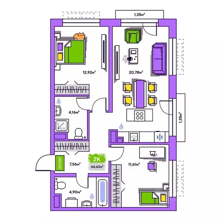 2-к кв. Тюменская область, Тюмень Полевая ул., 93к1 (64.63 м) - Фото 1