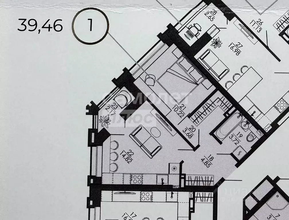 1-к кв. Липецкая область, Липецк ул. Е.И. Замятина, 4Г (39.46 м) - Фото 2