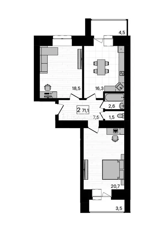 2-комнатная квартира: Чигири, Европейская улица, 13 (71 м) - Фото 1