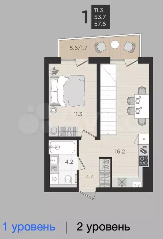 2-к. квартира, 54 м, 4/4 эт. - Фото 1