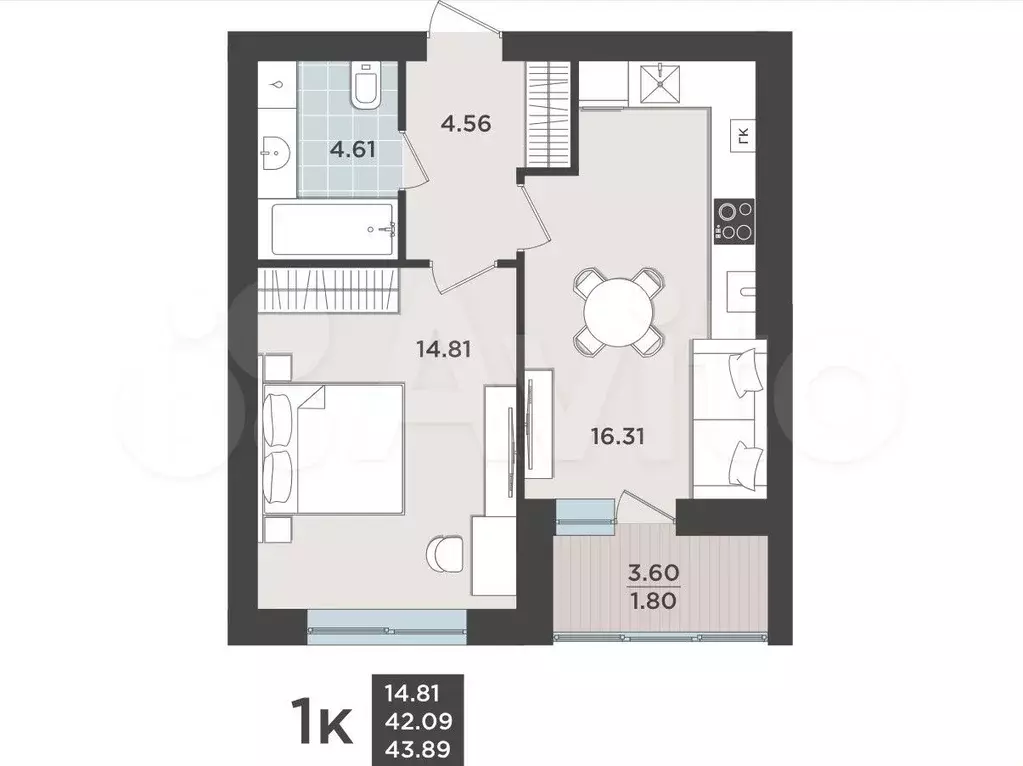 1-к. квартира, 42,1 м, 2/9 эт. - Фото 1