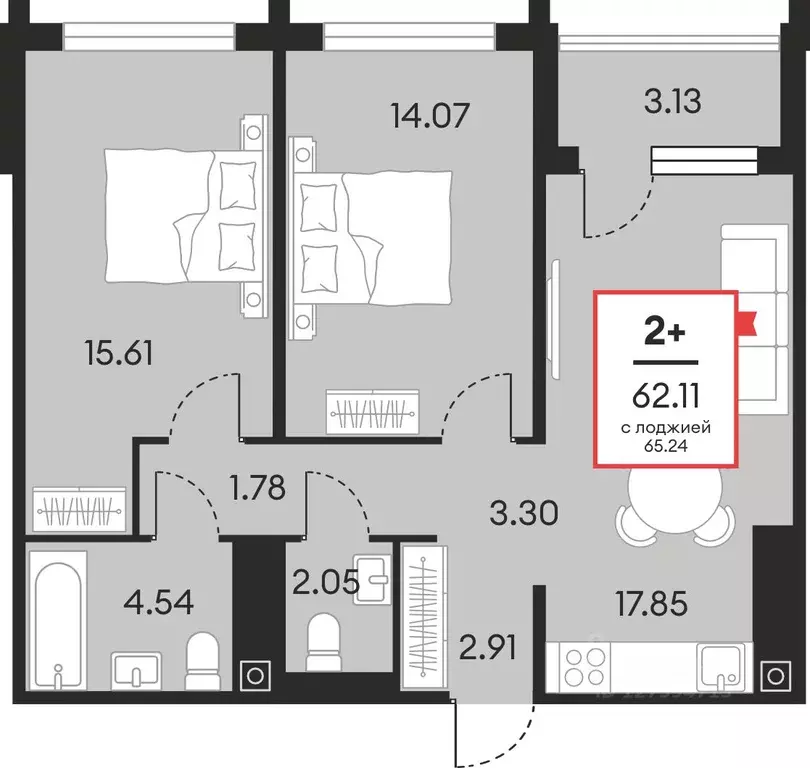 2-к кв. Ханты-Мансийский АО, Нефтеюганск ул. Нефтяников, 48А (62.11 м) - Фото 1