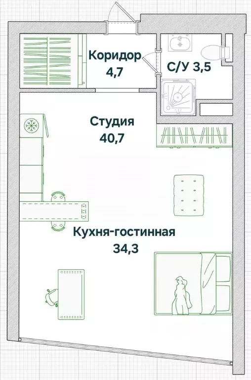 Студия Новосибирская область, Новосибирск ул. Шевченко, 15 (40.7 м) - Фото 1