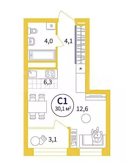 Квартира-студия, 30м, 12/25эт. - Фото 1