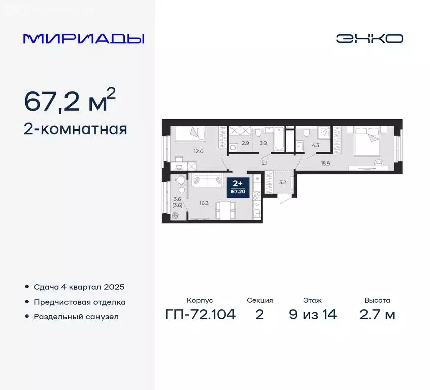 2-комнатная квартира: Тюмень, ЖК Мириады (67.2 м) - Фото 0