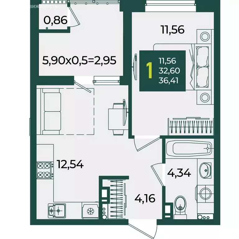 1-комнатная квартира: Краснодар, микрорайон Образцово (36.41 м) - Фото 1