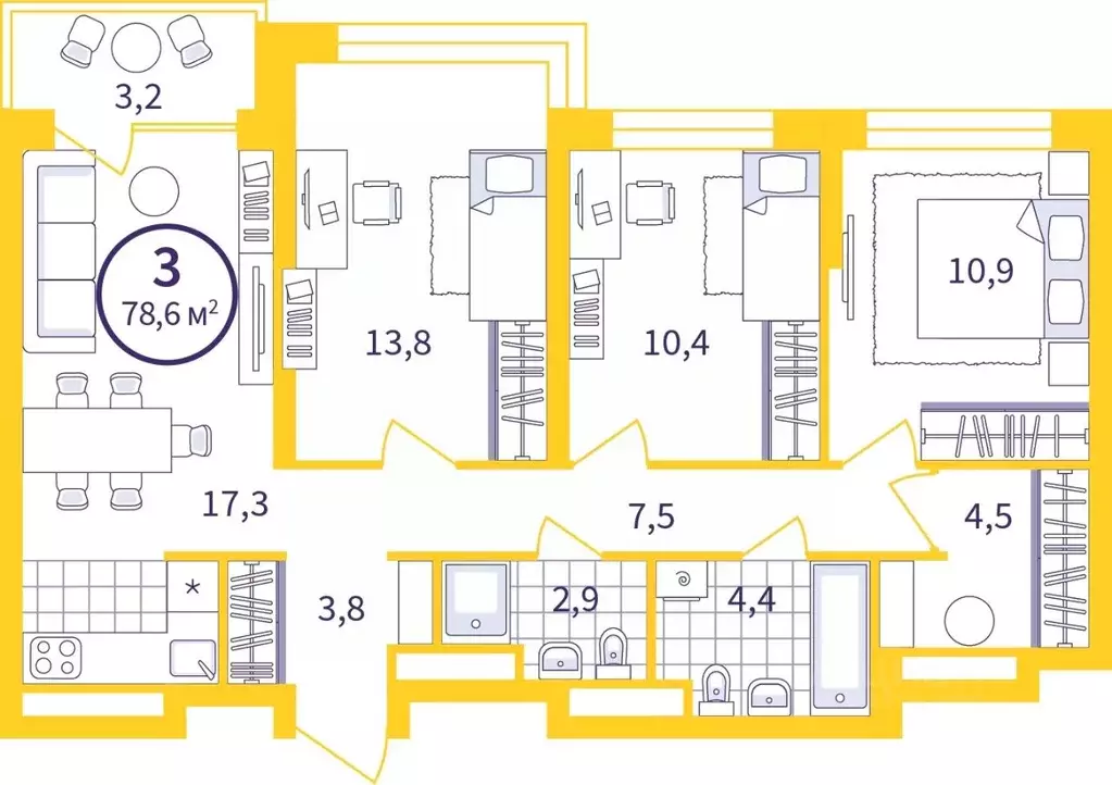3-к кв. Свердловская область, Екатеринбург ул. Щербакова, 76 (76.39 м) - Фото 1