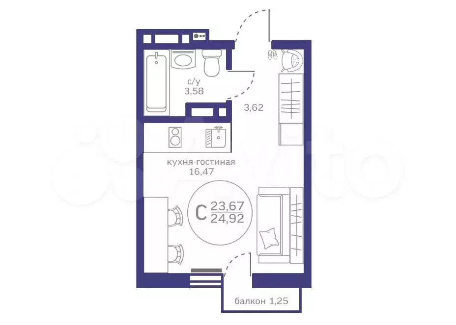 Квартира-студия, 23,7 м, 6/17 эт. - Фото 1