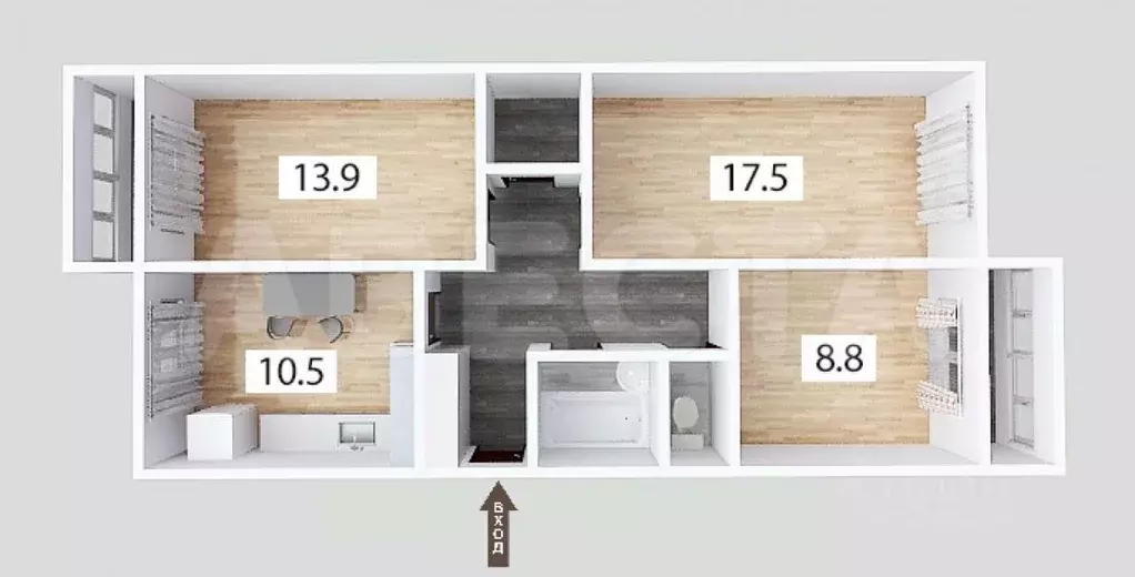 3-к кв. Омская область, Омск ул. Кирова, 6/2 (71.1 м) - Фото 2
