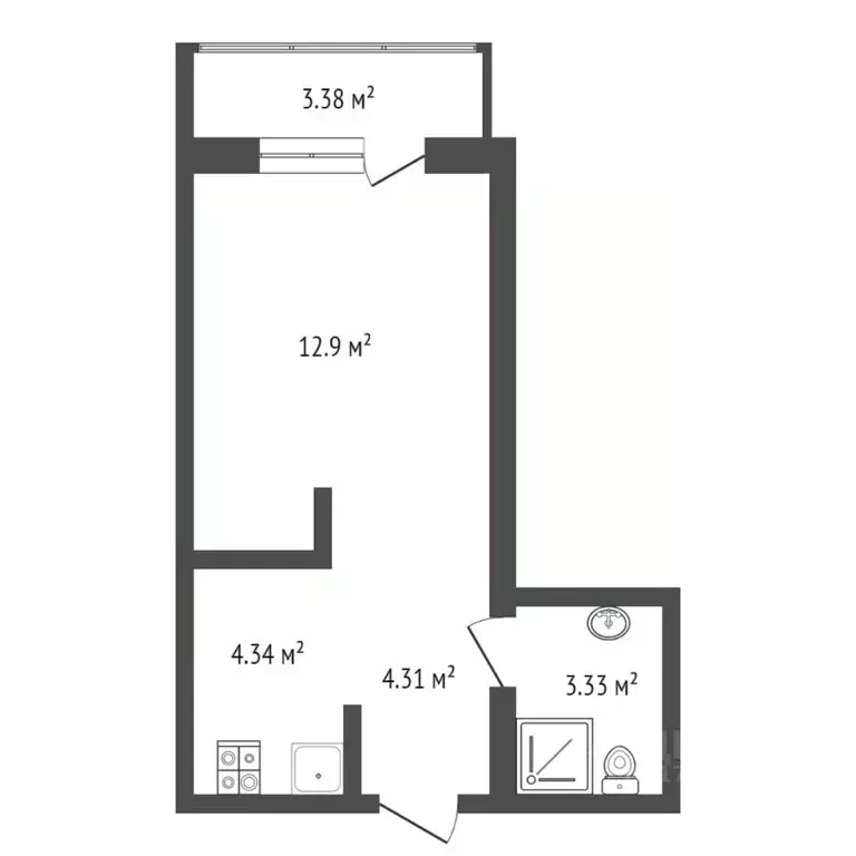 Студия Тюменская область, Тюмень Причальная ул., 7 (28.3 м) - Фото 1