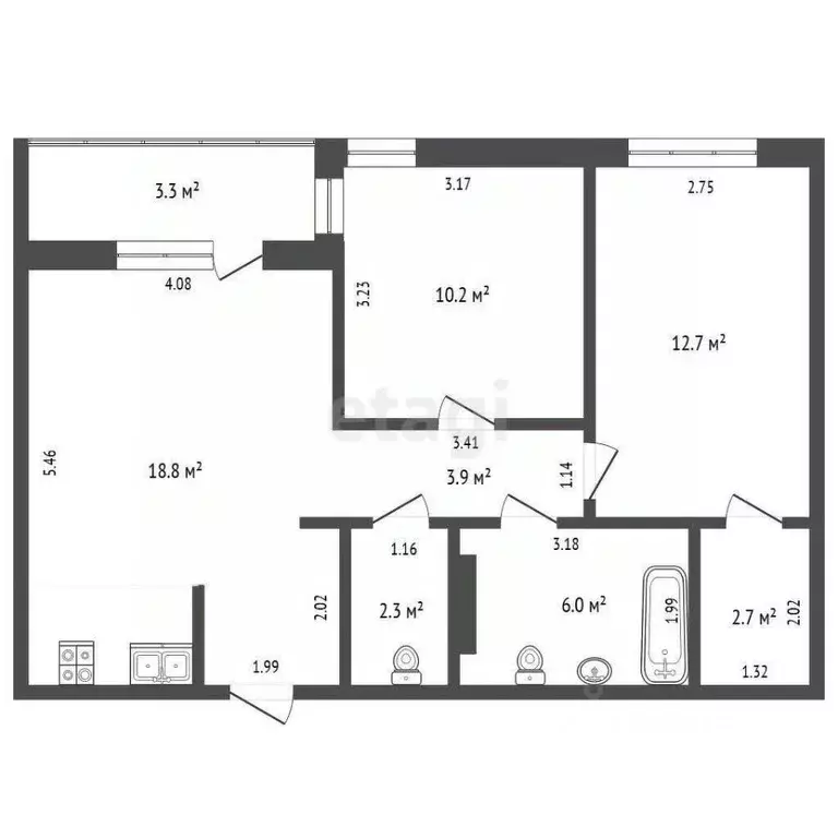 2-к кв. Тюменская область, Тюмень ул. 50 лет Октября, 57Ак1 (60.3 м) - Фото 2
