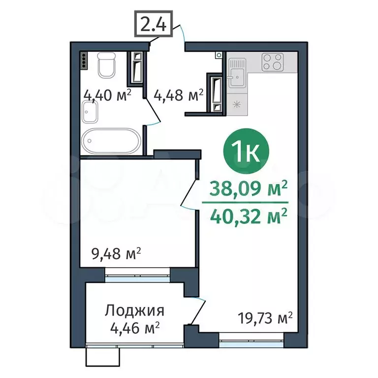 1-к. квартира, 38,1 м, 16/25 эт. - Фото 0