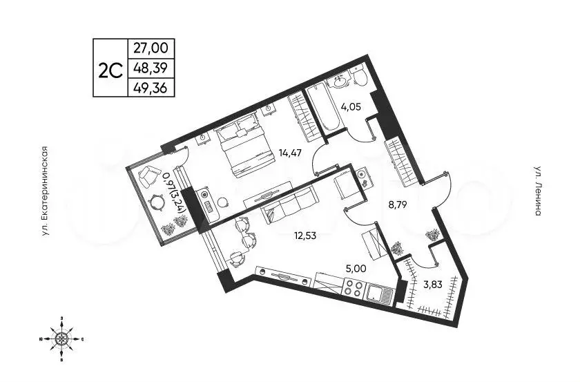 2-к. квартира, 49,4 м, 6/6 эт. - Фото 1