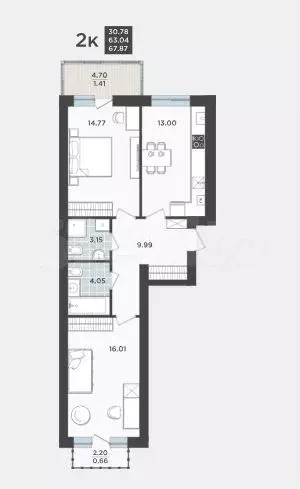 2-к. квартира, 63 м, 9/9 эт. - Фото 1