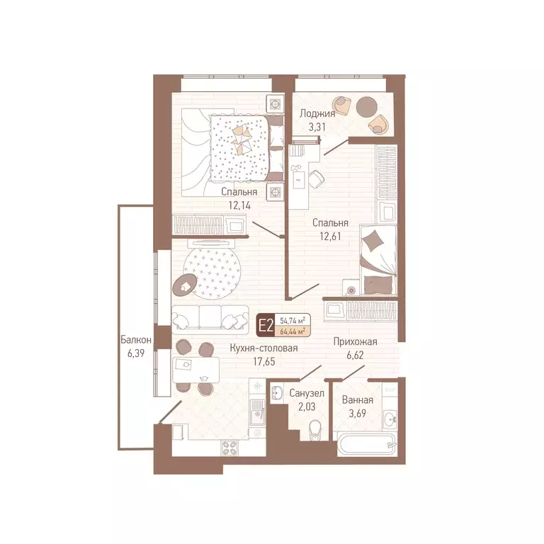 2-к квартира, 64.44 м - Фото 0
