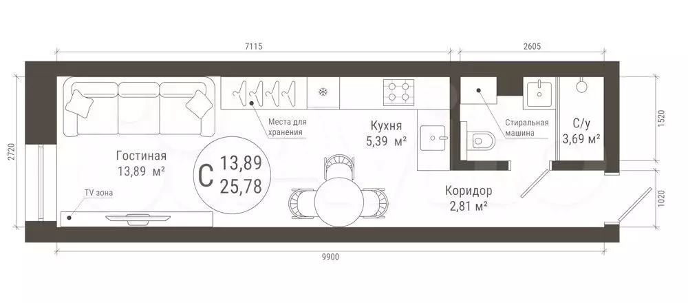 Апартаменты-студия, 25,8 м, 1/22 эт. - Фото 0