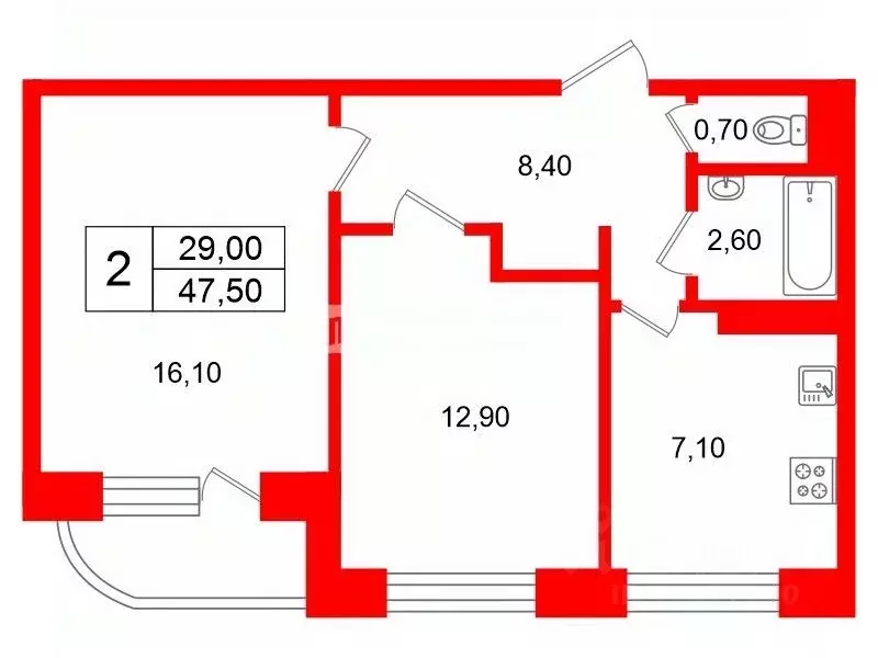 2-к кв. Санкт-Петербург Пулковское ш., 9К4 (47.5 м) - Фото 1