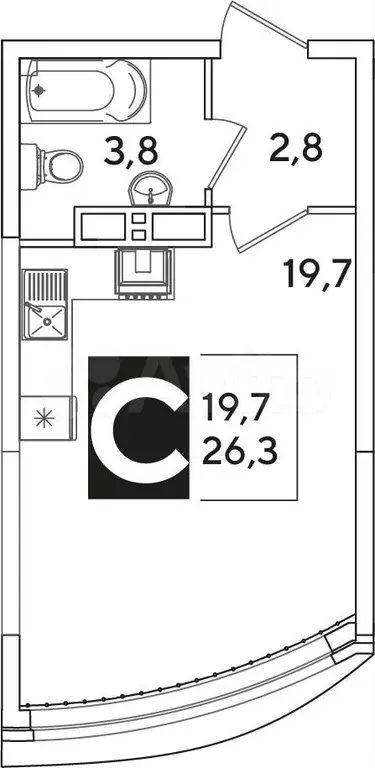 Квартира-студия, 26,3 м, 13/16 эт. - Фото 0