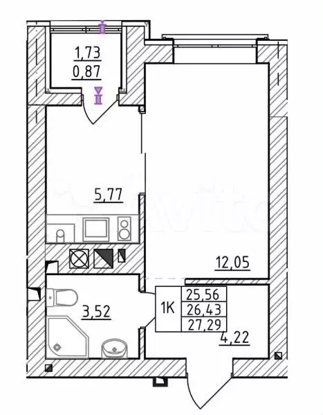1-к. квартира, 26,4 м, 5/7 эт. - Фото 1