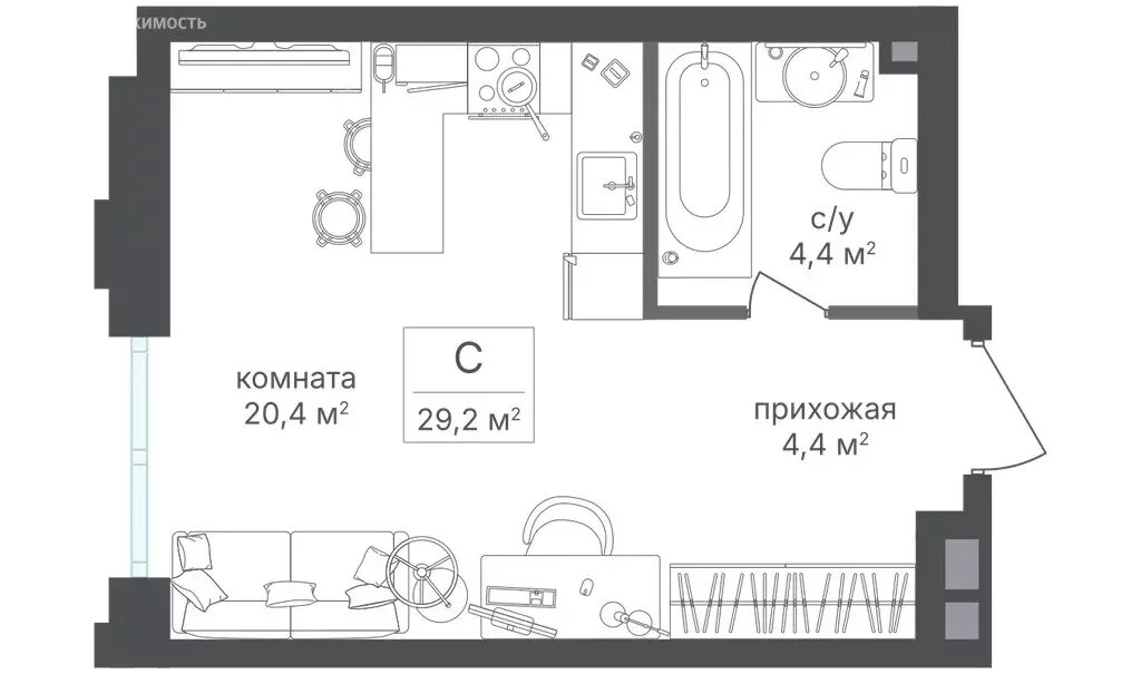 Квартира-студия: Москва, Михалковская улица, 48к1 (29.1 м) - Фото 0