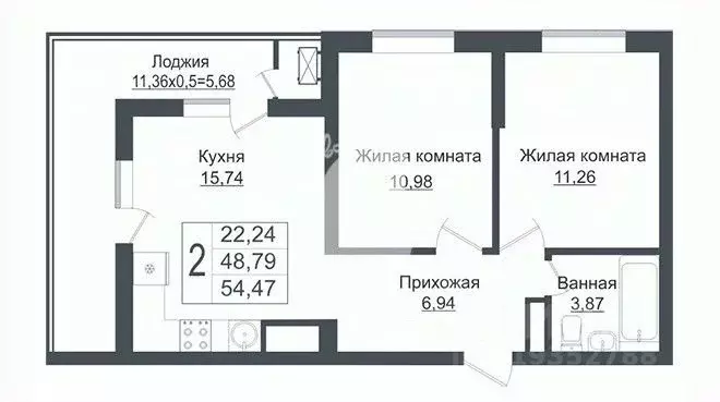 2-к кв. Краснодарский край, Краснодар ул. Западный обход, 39/1к6 (55.0 ... - Фото 1