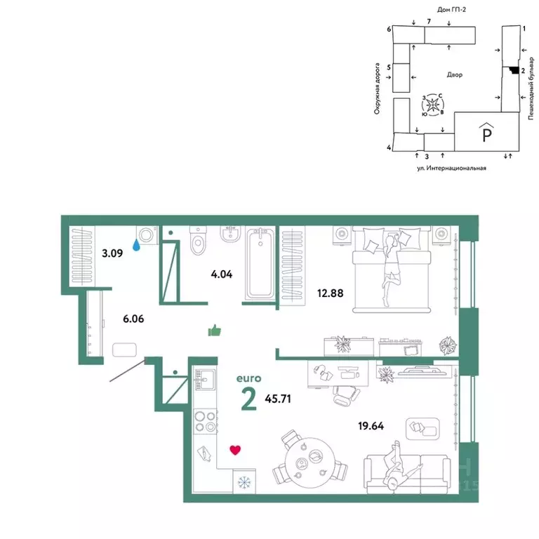 2-к кв. Тюменская область, Тюмень Интернациональная ул., 199к9 (45.71 ... - Фото 1