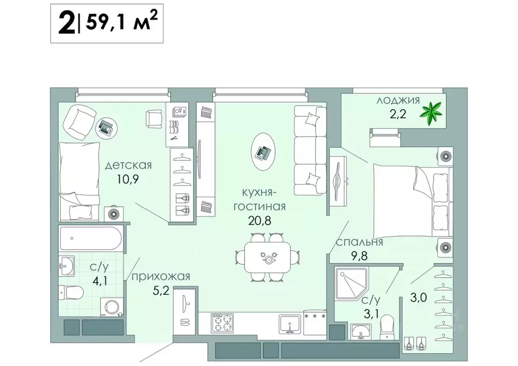 2-к кв. Тверская область, Тверь Южный мкр,  (59.1 м) - Фото 0