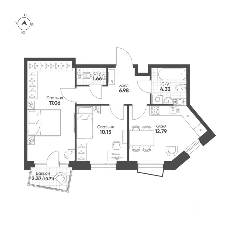2-к кв. Татарстан, Казань Счастье в Казани жилой комплекс (53.7 м) - Фото 1