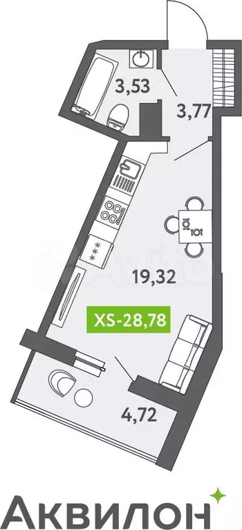 Квартира-студия, 29 м, 2/13 эт. - Фото 1