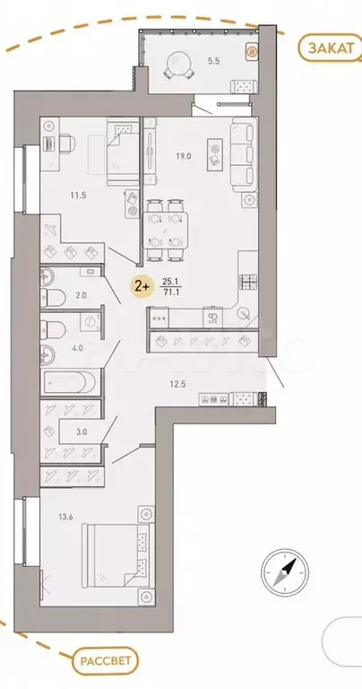 2-к. квартира, 71,1 м, 6/9 эт. - Фото 1