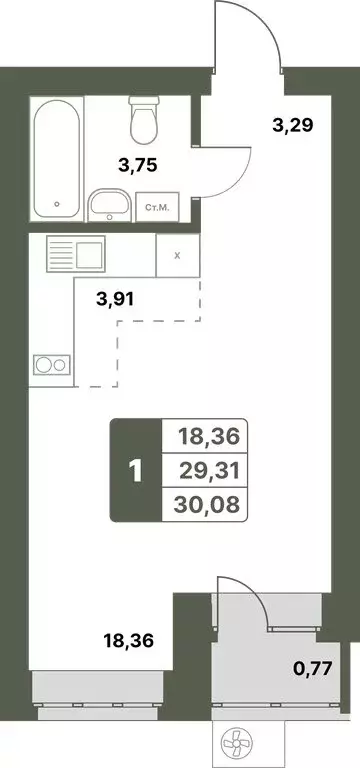 1-комнатная квартира: Уфимский район, село Миловка (30.08 м) - Фото 0