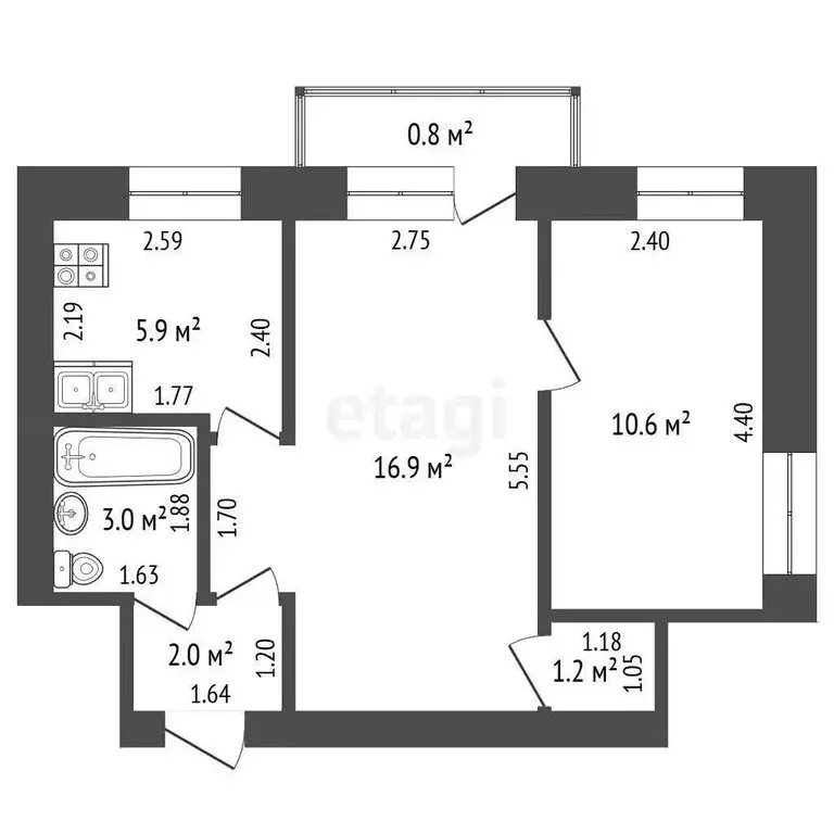 2-комнатная квартира: Стерлитамак, улица Нахимова, 1 (39.6 м) - Фото 1