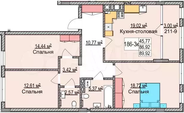 3-к. квартира, 97,7 м, 2/6 эт. - Фото 1