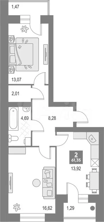 2-к. квартира, 61,4м, 4/4эт. - Фото 0