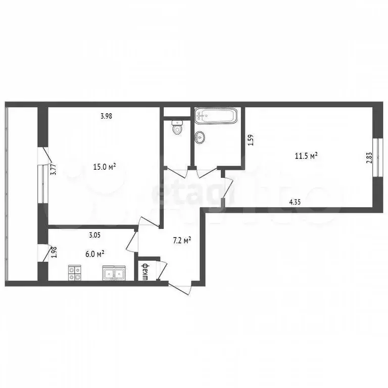 2-к. квартира, 44 м, 2/5 эт. - Фото 0
