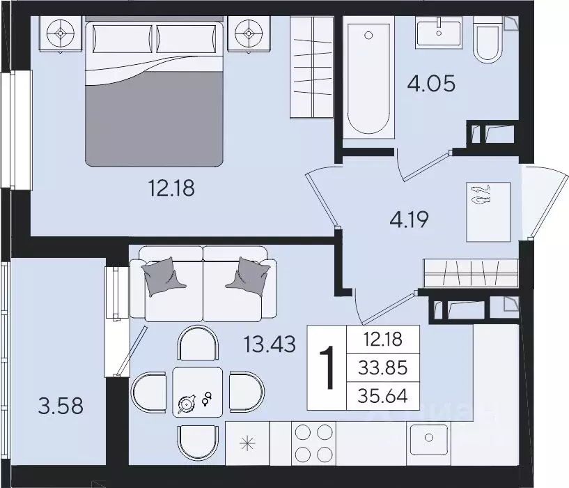 1-к кв. Краснодарский край, Краснодар  (35.64 м) - Фото 2
