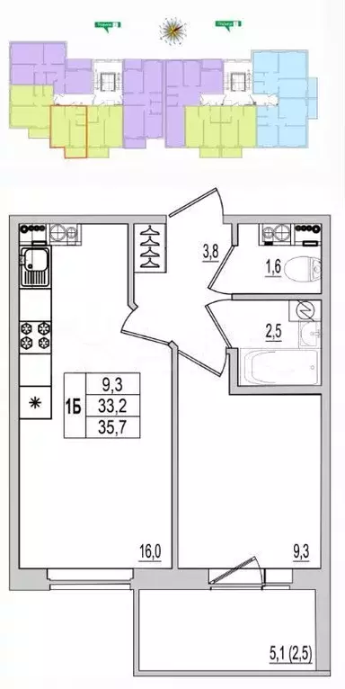 1-к. квартира, 35,7 м, 6/10 эт. - Фото 0