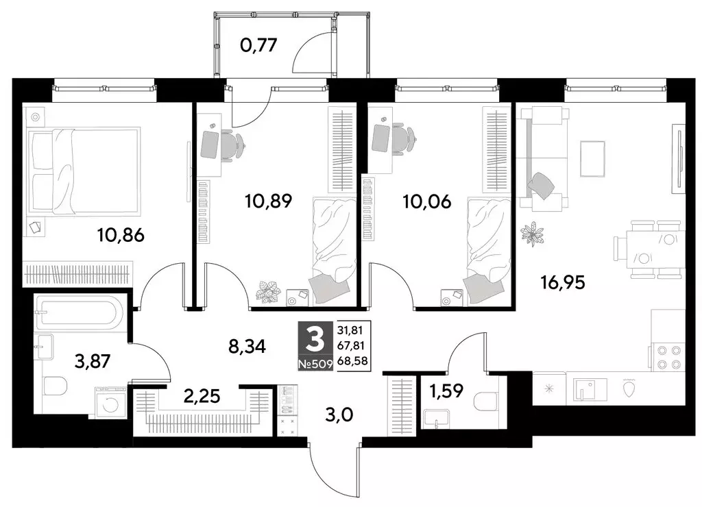 3-комнатная квартира: Калуга, улица Болдина, 22/1 (68.58 м) - Фото 0