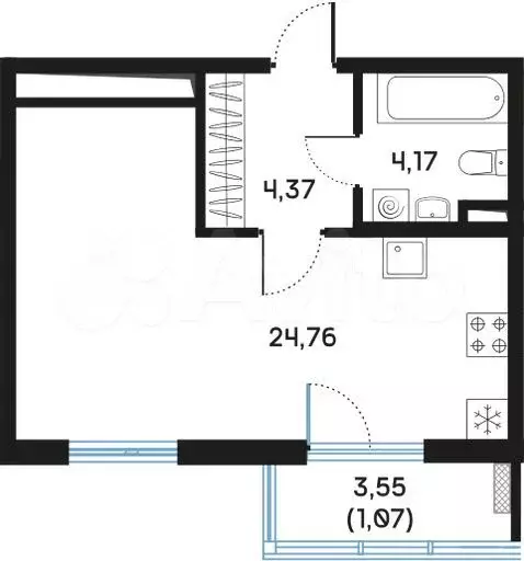 Квартира-студия, 34,8 м, 4/9 эт. - Фото 0