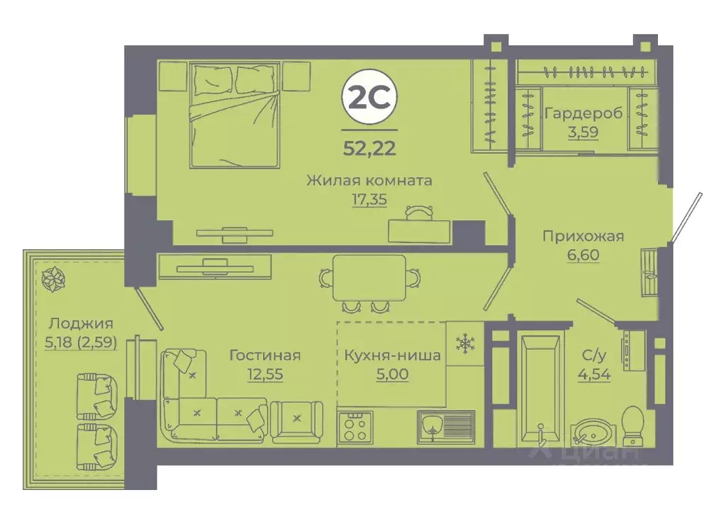 2-к кв. Ростовская область, Ростов-на-Дону ул. Еременко, 115 (52.05 м) - Фото 1