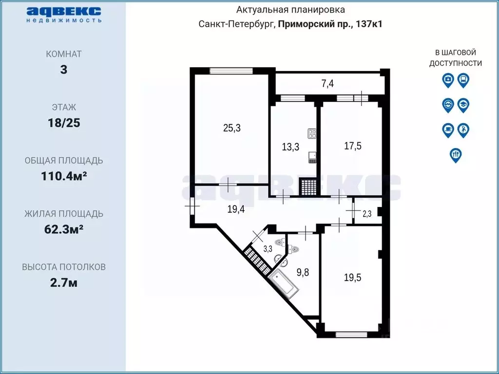 3-к кв. Санкт-Петербург Приморский просп., 137к1 (110.4 м) - Фото 2