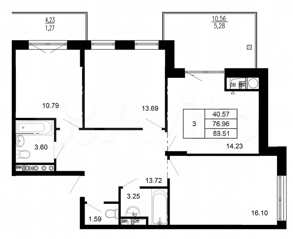 3-к. квартира, 83,5 м, 3/4 эт. - Фото 0