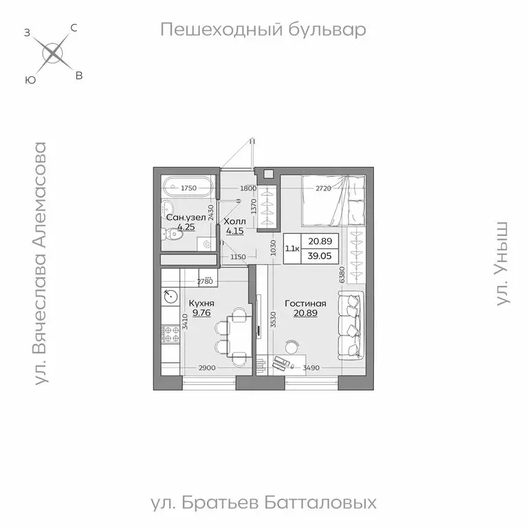 1-комнатная квартира: Казань, ЖК Батталовский (39.05 м) - Фото 0