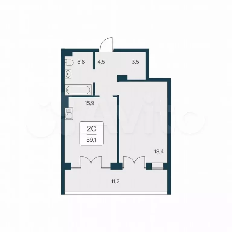 2-к. квартира, 59,1 м, 2/4 эт. - Фото 0